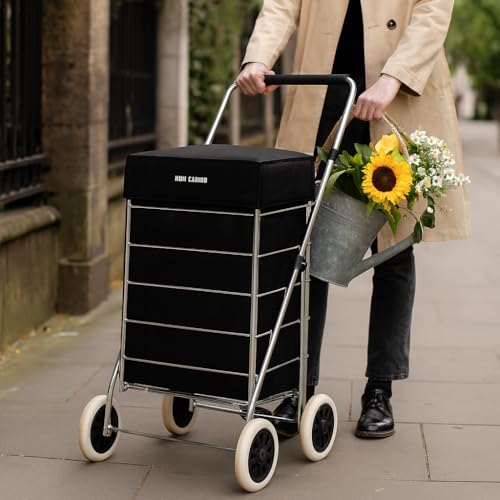 4 Wheels 60L litre Lightweight Shopping Grocery Trolley With Insulated Cooler Bag Travel Folding Cart Luggage Waterproof Cooling Bag Hard Wearing & Foldaway for Easy Storage (BLACK) - 4