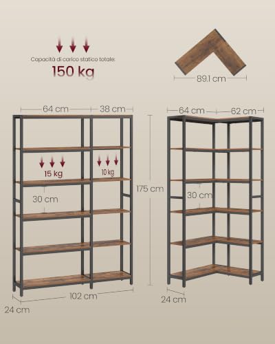 VASAGLE Libreria a 6 Ripiani, Scaffale Angolare, 24 x 102 x 175,2 cm, Libreria Angolare, Stile Moderno, per Soggiorno, Camera da Letto, Ufficio, Marrone Vintage e Nero Inchiostro LLS606K01 - Immagine 2