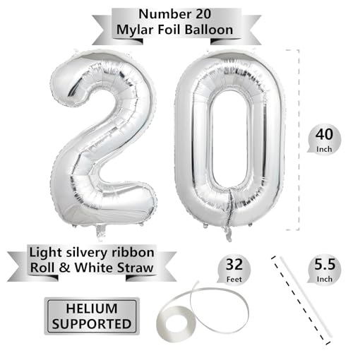 40 Inch Silver 20 Number Balloons, Giant Jumbo Helium Mylar Foil Silver Number Balloons for Birthday, Silver Mylar Digital Balloons for 20th Birthday, Anniversary Party Decorations Supplies - Thumbnail 2