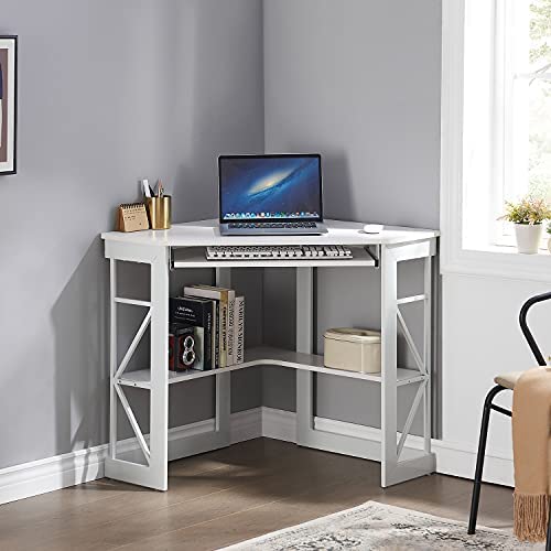 Vecelo Corner Computer Desk Writing Smooth Keyboard Tray & Storage Shelves,Compact Home Office Triangle Table, White #TOP4