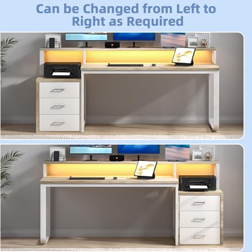 Image of MaverickFurni 67 inch Home Office Desk with 3 Drawers, Reversible Computer Desk with Moniter Stand and Printer Shelf, Gaming Desk with LED Lights, White and Walnut