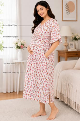 Image of Noty Women's- Kaftan | Maxi | Maternity | Feeding | Delivery Gown- Cotton Fabric- V Neck | Floral Print | 2 Pockets | Midi