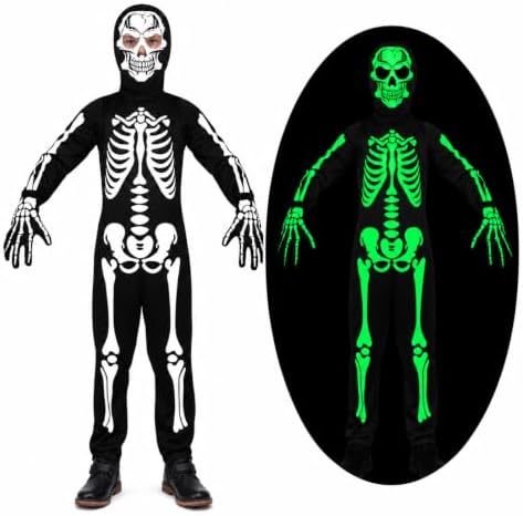 HaoVrisn Halloween Kostüm Kinder, Leuchtend Halloween Skelett Kostüme Kinder, Halloween Kostüm Jungen Glow in the Dark Halloween Scary Jumpsuit für Jungen