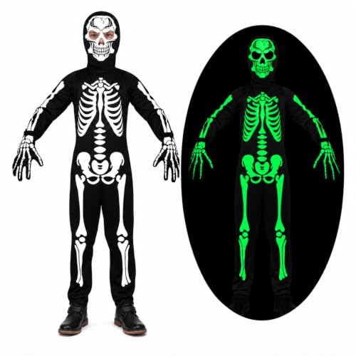 HaoVrisn Disfraz Esqueleto Niño Halloween Niños, Disfraz Niño Halloween de Esqueleto Niños Que Brillan en la Oscuridad (4-6 años)