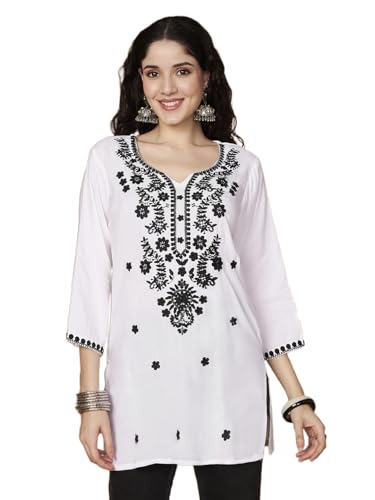 Image of Short Kurti for Women for Jeans, Chikankari Kurtis for Ladies, Lakhnavi V- Neck Women's Tunic Design Kurta, Floral Kurtas & Tunics for Woman