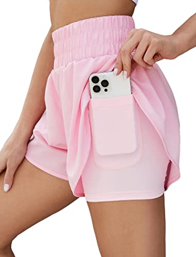Famulily Womens Cute Athletic Shorts High Waisted Running Shorts Casual Gym Workout Shorts with Pockets, Pink, S