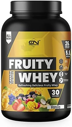 Canada Nutrition Fruity Whey Protein Isolate, 26g Protein, 5.5 BCAAs, 6g Glutamine, 15g EAA | Muscle-Building Whey Protein Supplement, Refreshing Whey for Men & Women [Vanilla, 1kg]
