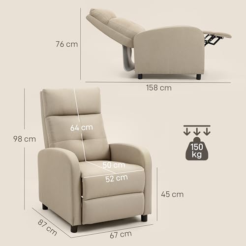 HOMCOM Sillón Relax Reclinable Manual, Sillón Relax de Lino con Apertura Push, Reposapiés, Respaldo Alto, Acolchado Grueso, Butaca Reclinable hasta 155º para Salón, Dormitorio, Oficina, Beige - imagen 3