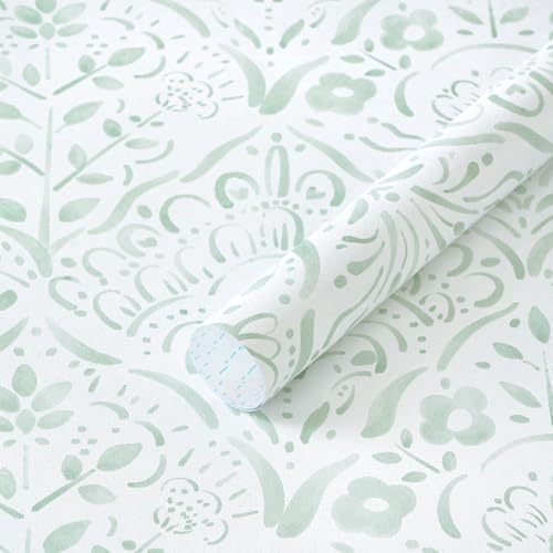 Dimoon Boho Peel and Stick Wallpaper Soft Sage Green Contact Paper French Floral Wall Paper 362''x17.3'' Textured Self Adhesive Watercolor Damask Stick On Wallpaper for Bedroom Bathroom Decor Vinyl
