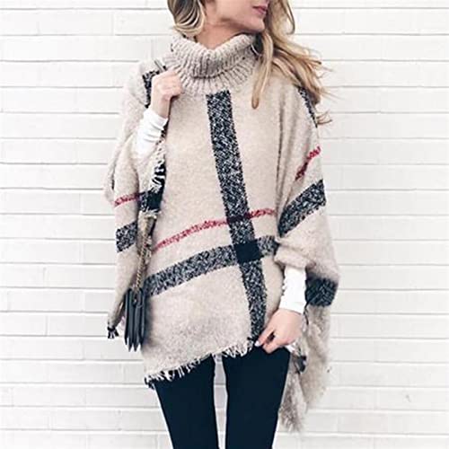 Women Fashion High Neck Pullover Sweaters Oversized Knitted Fringed Poncho Cape Shawl Wrap Warm Loose Turtleneck (Color : Beige, Size : 135Wx85L)3