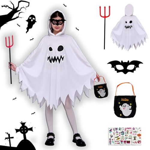 HUTRADE Ghost Costume Kids 7-14 Years - White Luminous Cape with Ghost Handbag & Funny Props, Ghost Outfit for Halloween, Carnival, Theme Party & Cosplay - Unisex HUTRADE Ghost Costume Kids 7-14 Years - White Luminous Cape with Ghost Handbag & Funny Props, Ghost Outfit for Halloween, Carnival, Theme Party & Cosplay - Unisex