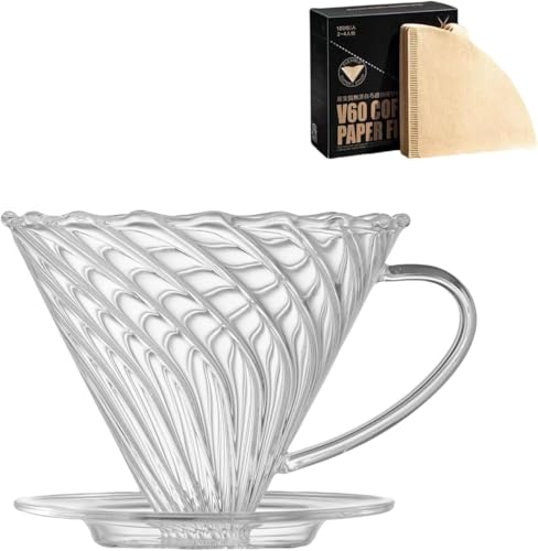 Vandroop Cafetera de goteo reutilizable con asa, café de preparación lenta para café, viajes, hogar y oficina con 100 papeles de filtro (vidrio de borosilicato, 1-4 tazas)