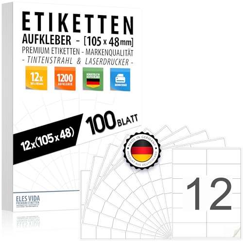 1200 adesivi per indirizzi, 105 x 48 cm (12 fogli DIN A4), stampabili con stampante a getto d'inchiostro e laser, prodotti in Germania