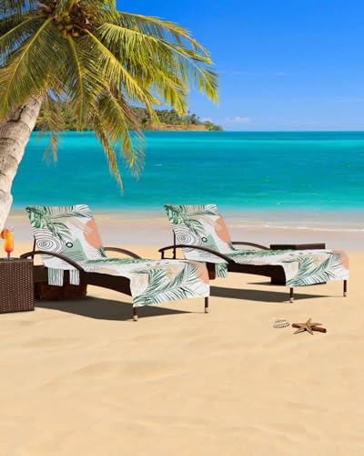 Palm Leaves Beach Chair Cover with Side Pockets, Microfiber & Quick Dry Pool Chaise Lounge Chair Towels Covers for Sun Sunbathing Patio Garden Hotel, Boho Tropical Botanical Orange Green White