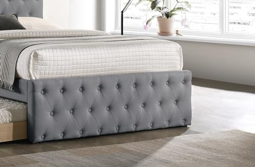 Cama de solteiro contemporânea com ripas de rodízio, botão estofado de serapilheira cinza claro com