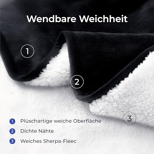 Dreamzie - wasserdichte Decke 152x203 cm - Hundedecke Sofa und Bett - Reversible Decke Wasserdicht aus Sherpa-Fleece – Waschbar – Schwarz