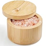 OUTNILI Salt Box Bowl with Lid and Spoon - Bamboo Salt Cellar with 360° Swivel Lid - Salt Container Holder for Sea Salt Herbs or Favorite Seasonings, 7 Ounce Capacity