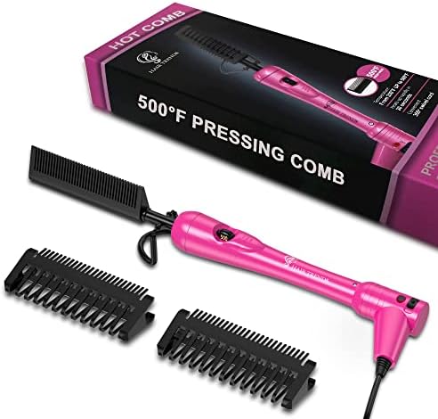 Pink Mini Hot Comb 500 Degree, Hair Trends Electric Pressing Comb for Black Hair, Portable Ceramic Straightening Comb, Anti-Scald Plug in Hot Comb Hair Straightener for Wigs, 4C Hair & Beard