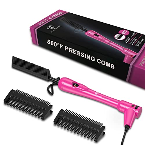 Pink Mini Hot Comb 500 Degree, Hair Trends Electric Pressing Comb For Black Hair, Portable Ceramic Straightening Comb, Anti-Scald Plug In Hot Comb Hair Straightener For Wigs, 4C Hair & Beard #TOP11