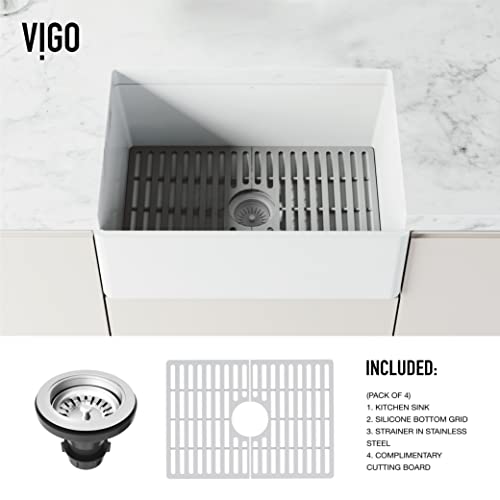 Vigo Vgra2718Flk1 18.0" L -27.0" W -9.63" H Single Bowl Matte Stone Undermount Farmhouse Kitchen Sink In Matte White With Strainer #TOP5