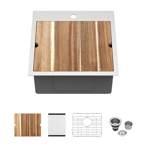 Image of Kichae Drop In Bar Sink- 18 x 18 x 9 Inch Small Overmount Topmount Stainless Steel RV Sink Single Bowl Workstation Wet Bar Prep Kitchen Sinks Patio Handmade Basin with Cutting Board & Rack