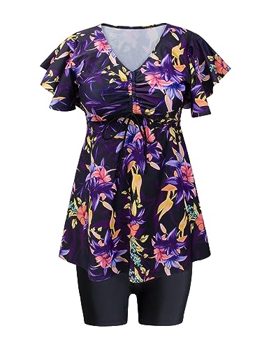 Fanuerg Women's Tankini Swimsuits Ruffled Flowy Tankini Tops with Boy Shorts Swimwear Tummy Control Two Piece Bathing Suits2