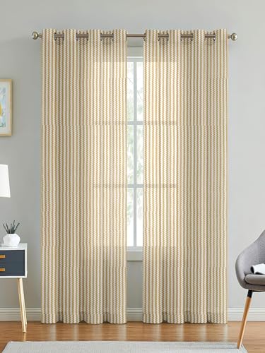 Image of Polyester Transparent Zig-Zag Net Sheer Curtains for Window Balcony Home Decoration, 5 feet Long, Beige, Set of 2