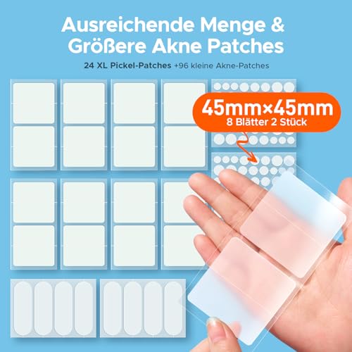 TKTK Pickel Patch für Gesicht, Große Pimple Patches für Akne an Körper, Rücken, Stirn & Wange. XL Akne Patches, Hydrokolloid-Pflaster (5 Größen 120 Stück)