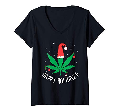 Donna Albero di Natale con foglie di cannabis Maglietta con Collo a V