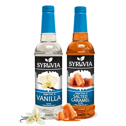 Syruvia Sugar-Free Vanilla & Sugar-Free Salted Caramel Coffee Syrup - 25.4 fl oz. Premium Coffee Flavoring Syrup. 0 Calories, Kosher, and Gluten-Free. Ideal for Enhancing Sodas, Shakes, and More.