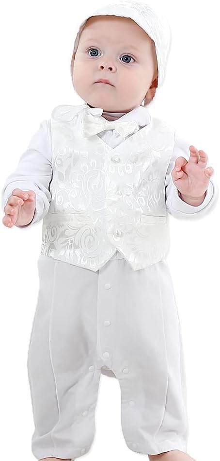 Baby Boy's Baptism Christening Embroidered 4 Pcs Set Long Sleeve Suit White,0-12M
