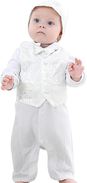 Baby Boys Baptism Christening Embroidered 4 Pcs Set Long Sleeve Suit White,0-12M