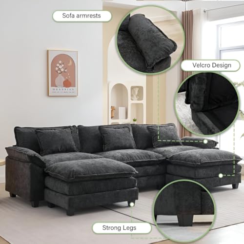 Image of Modern U Shaped Sectional Sofa, Plush Chenille Upholstery, Extra Deep Seats with Throw Pillows for Living Room Office Hotels (Black)