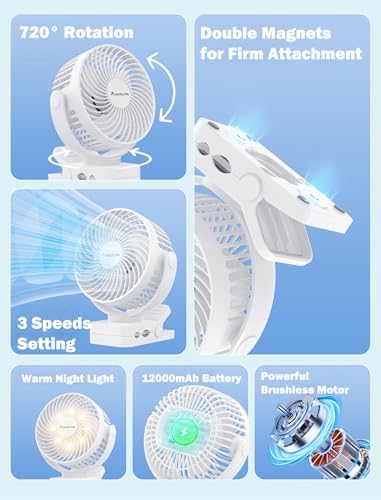 Magnetic Clip on Fan for Golf Cart, 12000mAH Battery Operated Portable Fan with 3 Speeds, LED Lantern, Magnetic Base, Suitable for EZGO Club Car Yamaha, Golf Cart & Cruise Ship Accessories — view 6