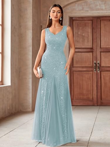 Image of Miusol Women's Elegant V Neck Sleeveless Sequin Lace Evening Party Dress