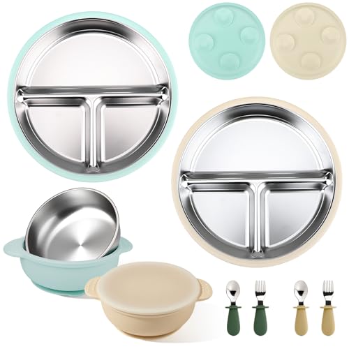 Image of Mity rain Stainless Steel & Silicone Toddler Plates and Bowls Set with Suction,10-Piece Suction Plates & Bowls for Toddler,Removable Shell,Silicones Baby Plates for Independent Eating.