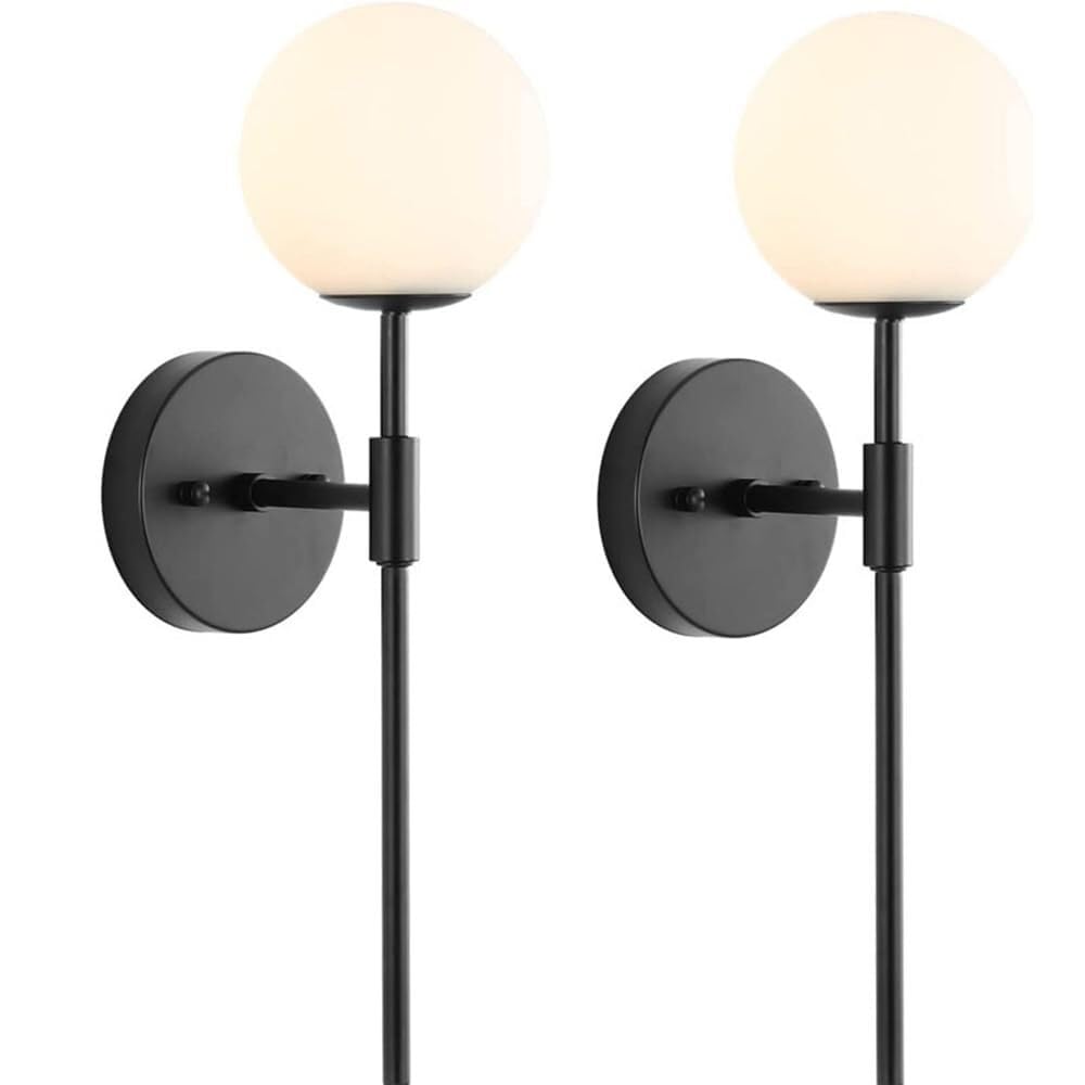 HCZKIUJY Set of 2 Milky White Globe Glass Wall Sconces - Mid Century Modern Long Pole Vintage Lighting for Bedroom and Living Room (A)