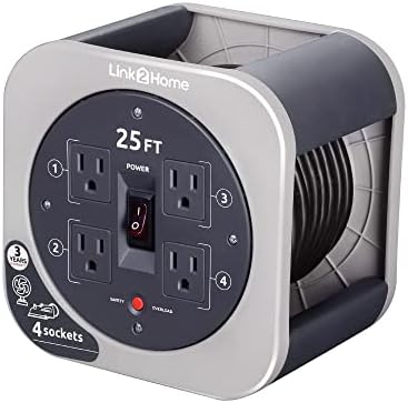 Link2Home 25 Ft.Heavy Duty Retractable Extension Cord Reel With 4 Outlets & 16AWG 3-Prong SJT Cord (Grey)