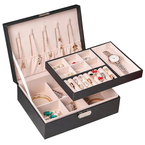 Consejos para Comprar Cajas y organizadores de joyas al mejor precio. 43 Maizic Organizador de Joyas para Mujer, Caja de Joyería de 2 Niveles con Cerradura, Joyero Elegante y Seguro, Material de Cuero, Con Bandeja Extraíble, Ideal para Anillos,...