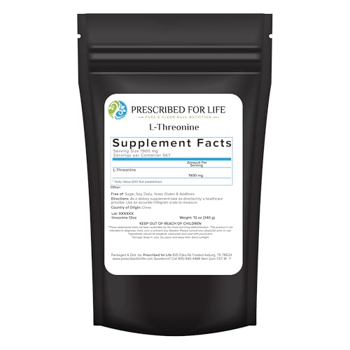 Prescribed For Life Threonine Powder (Assay: > 99%), L Threonine Essential Amino Acids Supplement, Vegan, Gluten Free, Non GMO (12oz / 340g)