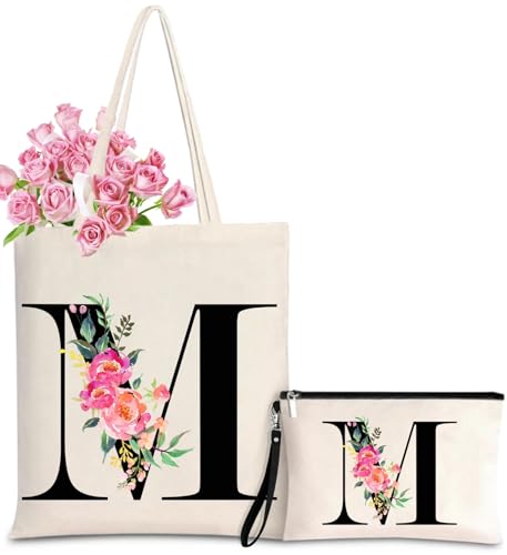 Initial Canvas Tote Bag for Women, Personalized Monogrammed Tote Btags with Makeup Gift Bag for Wedding Bridesmaids Bride Birthday Mother's Day