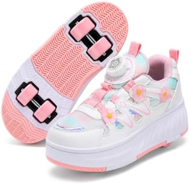 FANSU Schuhe mit 4 Rollen für Mädchen - 2 in 1 Rollschuhe & Turnschuhe mit Abnehmbaren Rollen und Abdeckung, Bequemer Drehverschluss, Atmungsaktiv, Für Anfänger geeignet