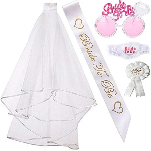 Bachelorette Party Bride to Be Kit-1 White Double Ribbon Edge Center Cascade Bridal Wedding Veil with Comb,1 Bride to Be Satin Sash, 1 Badge, 1 leg lace. 1 Pink Bride to be glasses