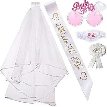 Bachelorette Party Bride to Be Kit-1 White Double Ribbon Edge Center Cascade Bridal Wedding Veil with Comb ,1 Bride to Be Satin Sash, 1 Badge, 1 leg lace. 1 Pink Bride to be glasses