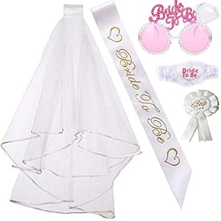 Bachelorette Party Bride to Be Kit-1 White Double Ribbon Edge Center Cascade Bridal Wedding Veil with Comb,1 Bride to Be Satin Sash, 1 Badge, 1 leg lace. 1 Pink Bride to be glasses