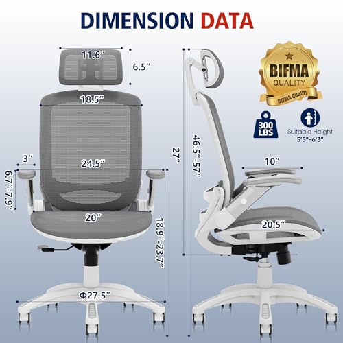 Image of GABRYLLY Ergonomic Office Chair, High Back Home Desk Chair with Headrest, Flip-Up Arms, 90-120 Tilt Lock and Wide Cushion, 300LBS Mesh Chairs for Man Woman, White Task Chair(Dark Grey,GY01WDG)
