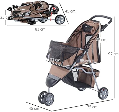 PawHut Pet Travel Stroller Cat Dog Pushchair Trolley Puppy Jogger Carrier Three Wheels (Coffee)