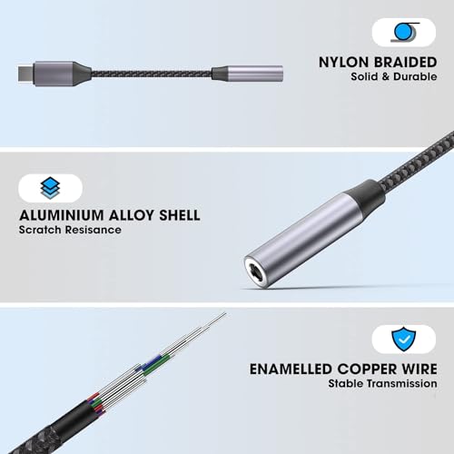 Image of Nylon Braided Black Type C to 3.5 mm Audio Jack Connector with DAC Headphone Converter Adapter Compatible with iPhone 15 Pro Max /15 Pro /15 Plus, Galaxy S23 /S22 /S21 /S208 & Other Type C Phones