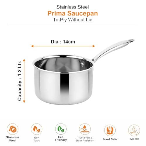 Image of Prabha Prima Saucepan without Lid, Stainless Steel, Kitchen Sauce Pan Utensils, 14cm, 1.2L, Sauce Pan Container, Induction & Gas Stove Suitable, teapan, milkpot, milkpan, egg /milk /water boiler chaipan