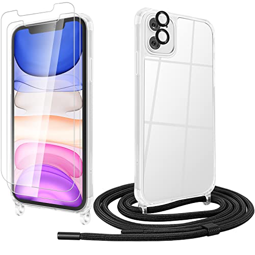 arbcome Handykette Hülle Kompatibel mit iPhone 11, Transparent Stoßfest Silikon Hülle mit Band, HandyHülle mit Einstellbar Abnehmbar Kordel mit 2 Stück kameraschutz-Schwarz Cover